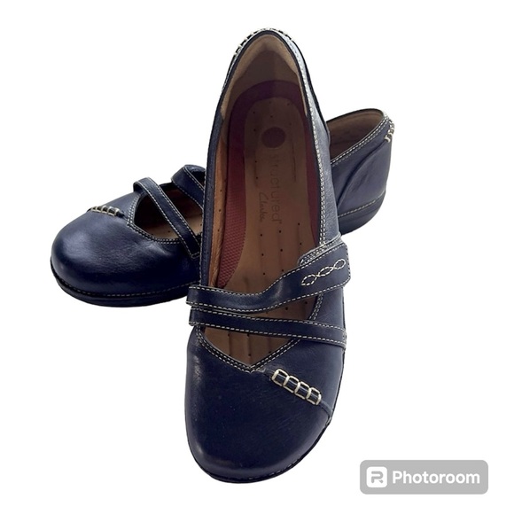 Clarks Unstructured Mary Jane Flats Womens Size 9 Navy Leather Loafers Mocs - Picture 4 of 14